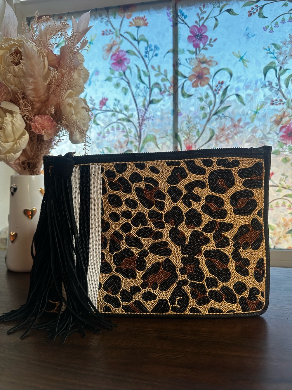 Sam Edelman Leopard Seed Bead Clutch Oversized Suede Fringe Tassel rare find